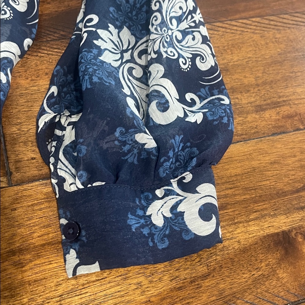 Halogen long sleeve blue sheer paisley button front tie waist top blouse Small - Picture 6 of 16